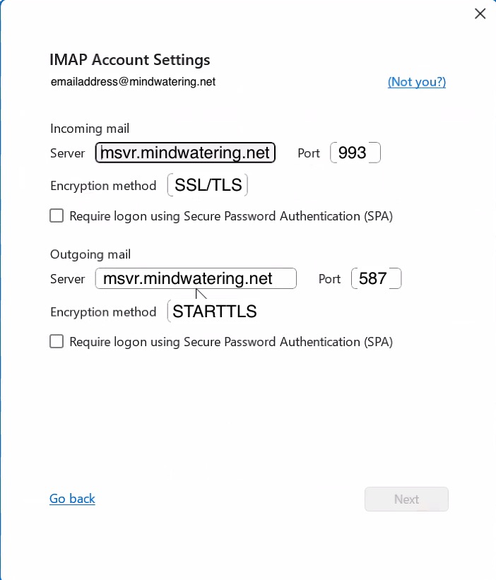 Outlook - New Account - Incoming / Outgoing Server Settings